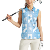 Bula Fiji Women Sleeveless Polo Shirt Blue Makare Masi Tapa Pattern LT05 - Polynesian Pride
