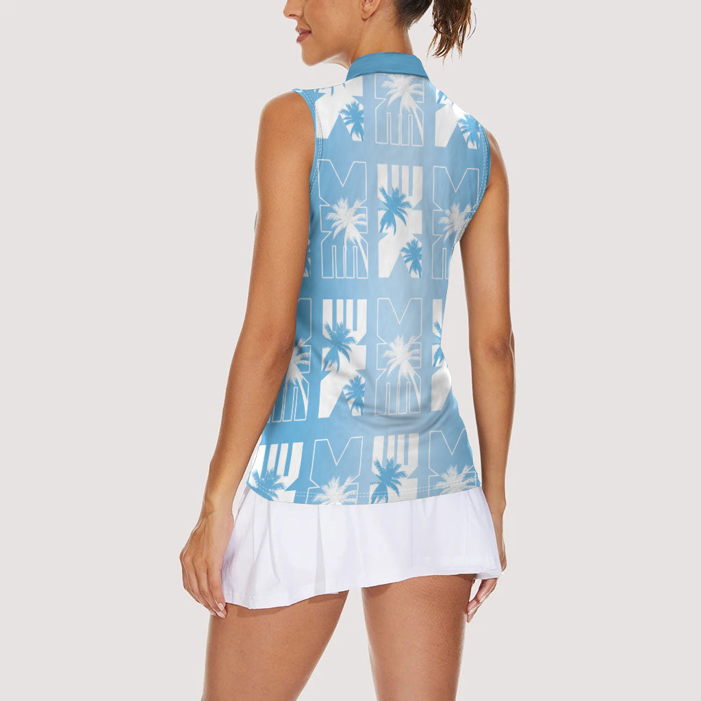 Bula Fiji Women Sleeveless Polo Shirt Blue Makare Masi Tapa Pattern LT05 - Polynesian Pride