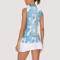 Bula Fiji Women Sleeveless Polo Shirt Blue Makare Masi Tapa Pattern LT05 - Polynesian Pride