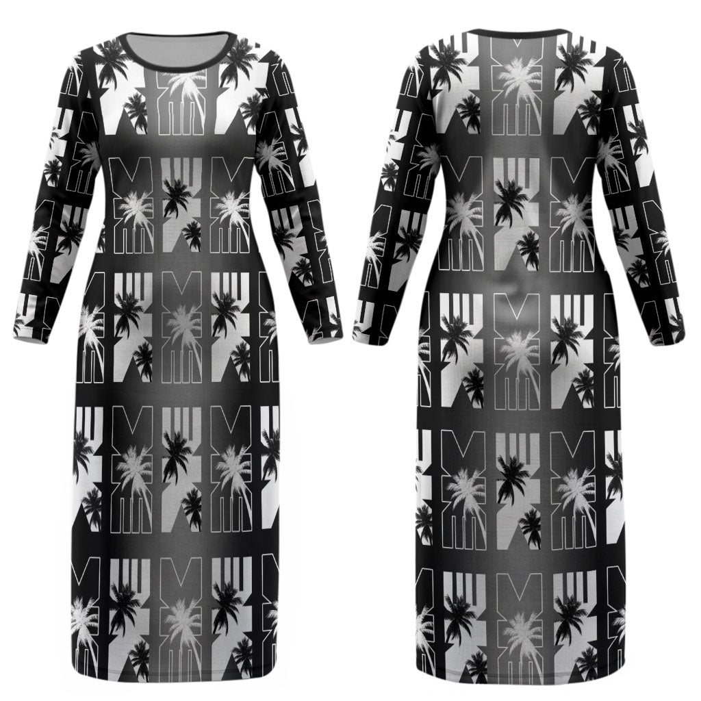 Bula Fiji Couples Matching Long Sleeve Bodycon Dress and Hawaiian Shirt Black Makare Masi Tapa Pattern LT05 - Polynesian Pride