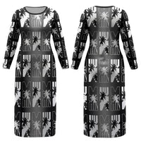 Bula Fiji Couples Matching Long Sleeve Bodycon Dress and Hawaiian Shirt Black Makare Masi Tapa Pattern LT05 - Polynesian Pride