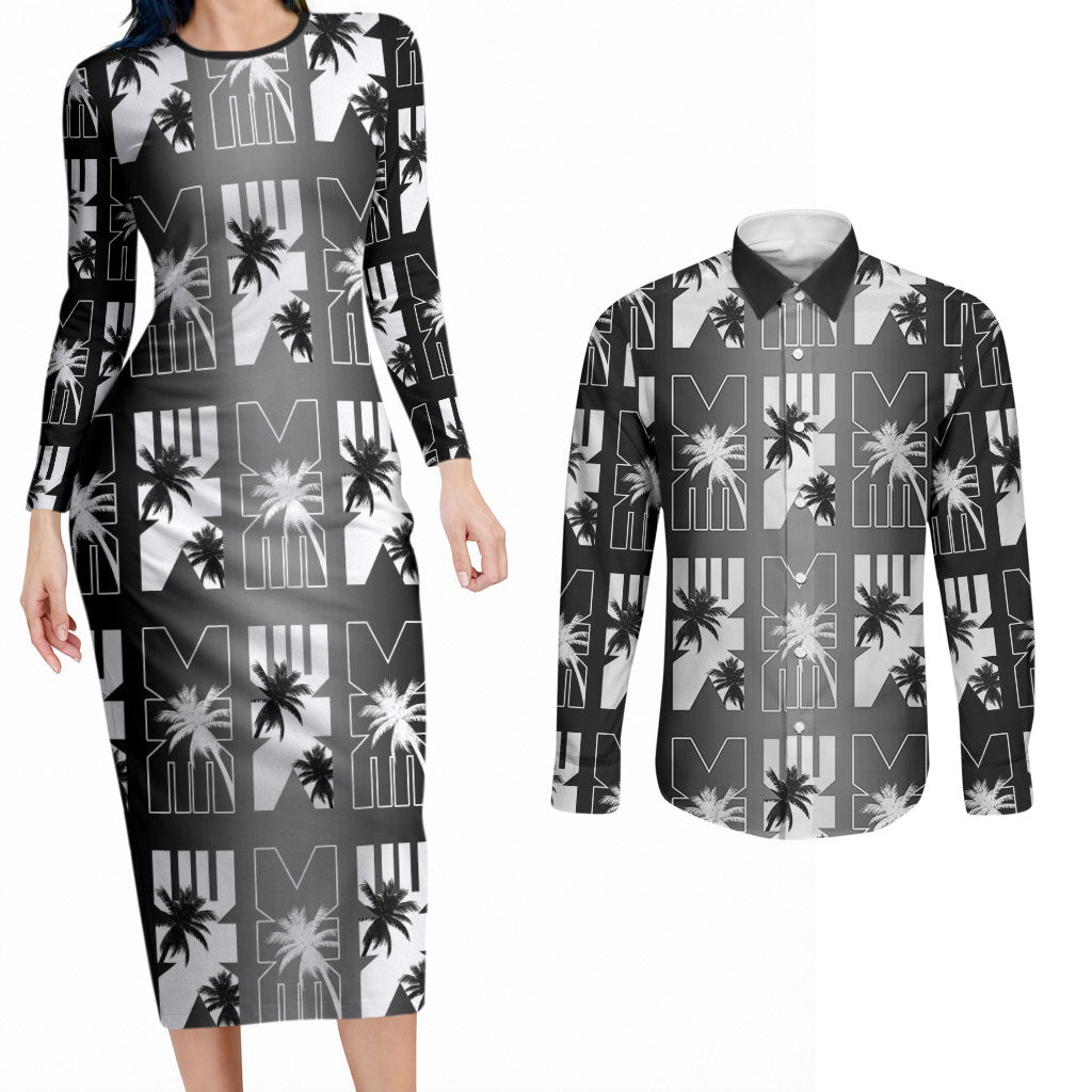 Bula Fiji Couples Matching Long Sleeve Bodycon Dress and Long Sleeve Button Shirt Black Makare Masi Tapa Pattern LT05 Black - Polynesian Pride