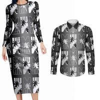 Bula Fiji Couples Matching Long Sleeve Bodycon Dress and Long Sleeve Button Shirt Black Makare Masi Tapa Pattern LT05 Black - Polynesian Pride