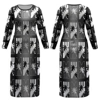 Bula Fiji Couples Matching Long Sleeve Bodycon Dress and Long Sleeve Button Shirt Black Makare Masi Tapa Pattern LT05 - Polynesian Pride