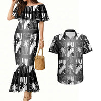 Bula Fiji Couples Matching Mermaid Dress and Hawaiian Shirt Black Makare Masi Tapa Pattern LT05 Black - Polynesian Pride