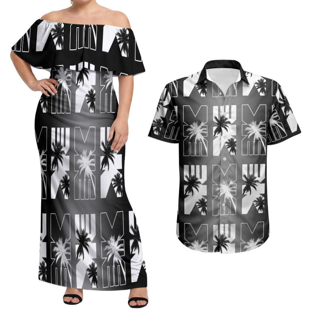 Bula Fiji Couples Matching Off Shoulder Maxi Dress and Hawaiian Shirt Black Makare Masi Tapa Pattern LT05 Black - Polynesian Pride