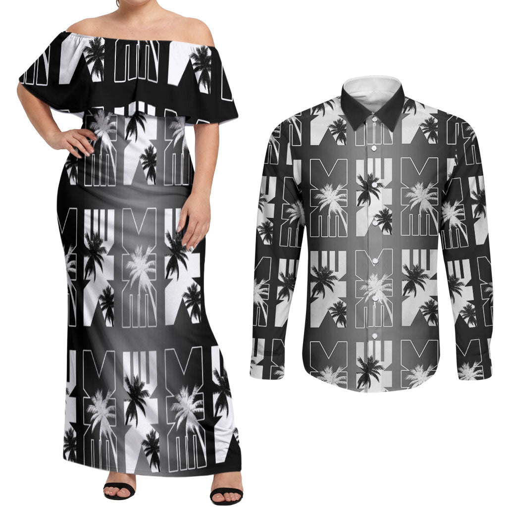 Bula Fiji Couples Matching Off Shoulder Maxi Dress and Long Sleeve Button Shirt Black Makare Masi Tapa Pattern LT05 Black - Polynesian Pride