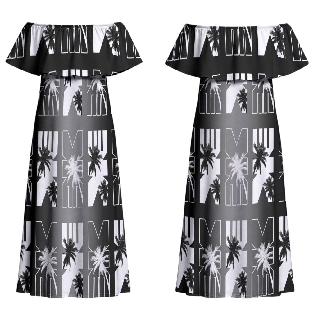 Bula Fiji Couples Matching Off Shoulder Maxi Dress and Long Sleeve Button Shirt Black Makare Masi Tapa Pattern LT05 - Polynesian Pride