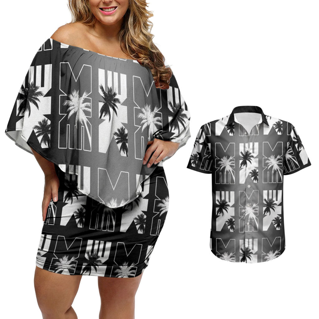 Bula Fiji Couples Matching Off Shoulder Short Dress and Hawaiian Shirt Black Makare Masi Tapa Pattern LT05 Black - Polynesian Pride