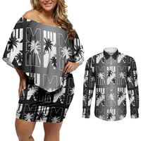 Bula Fiji Couples Matching Off Shoulder Short Dress and Long Sleeve Button Shirt Black Makare Masi Tapa Pattern LT05 Black - Polynesian Pride