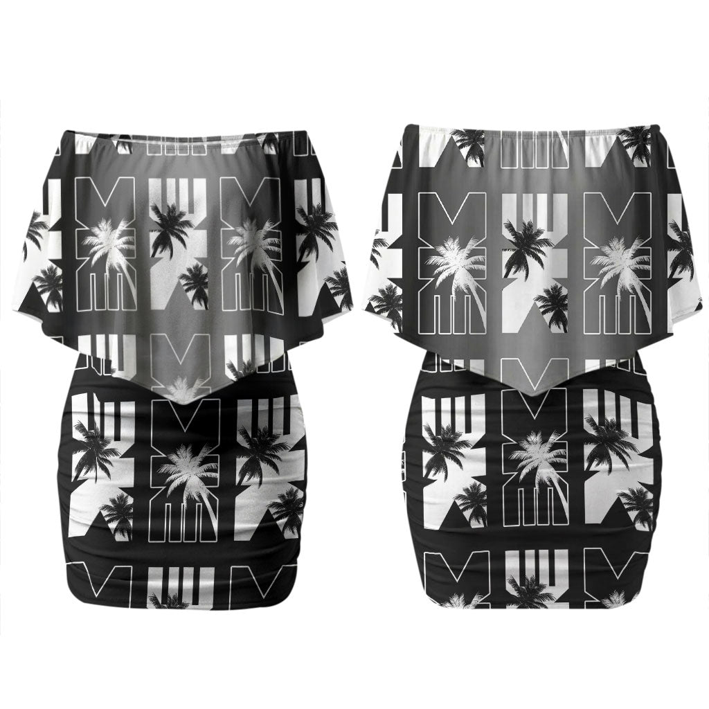 Bula Fiji Couples Matching Off Shoulder Short Dress and Long Sleeve Button Shirt Black Makare Masi Tapa Pattern LT05 - Polynesian Pride