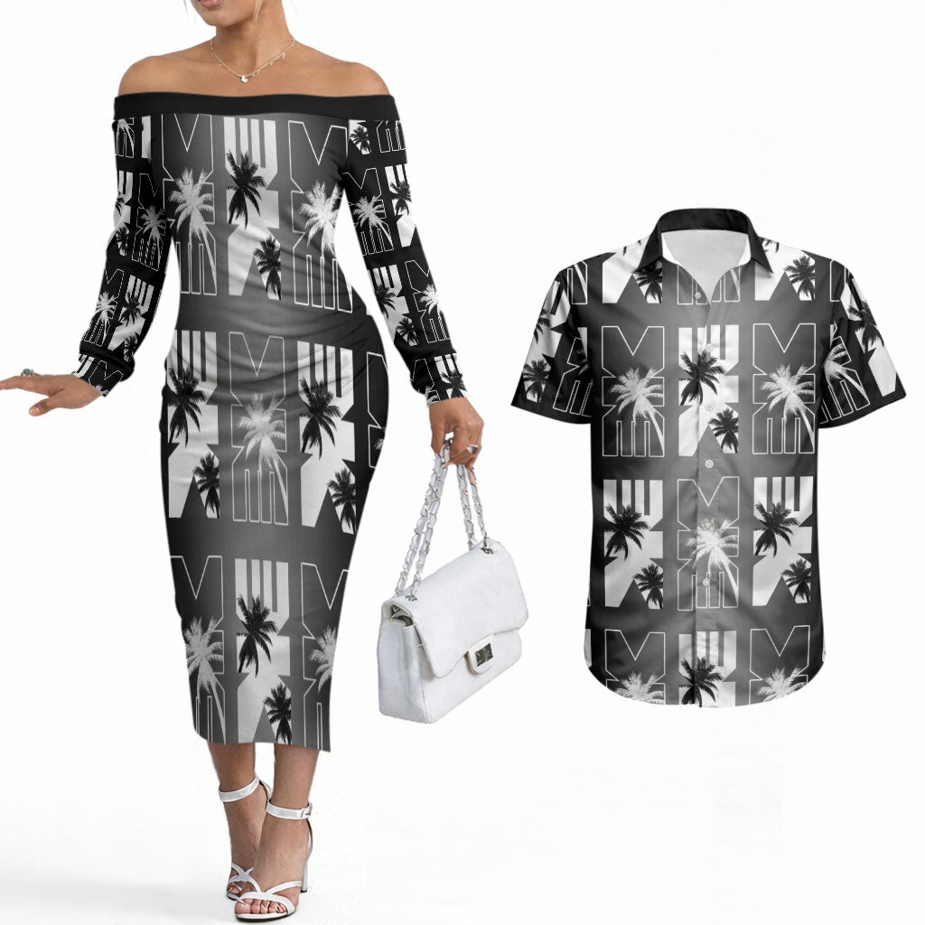 Bula Fiji Couples Matching Off The Shoulder Long Sleeve Dress and Hawaiian Shirt Black Makare Masi Tapa Pattern LT05 Black - Polynesian Pride
