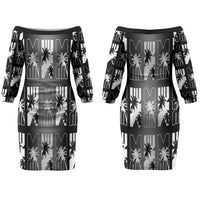 Bula Fiji Couples Matching Off The Shoulder Long Sleeve Dress and Hawaiian Shirt Black Makare Masi Tapa Pattern LT05 - Polynesian Pride