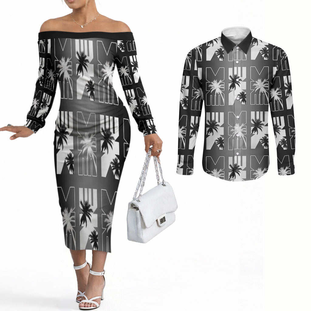 Bula Fiji Couples Matching Off The Shoulder Long Sleeve Dress and Long Sleeve Button Shirt Black Makare Masi Tapa Pattern LT05 Black - Polynesian Pride
