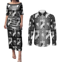 Bula Fiji Couples Matching Puletasi and Long Sleeve Button Shirt Black Makare Masi Tapa Pattern LT05 Black - Polynesian Pride