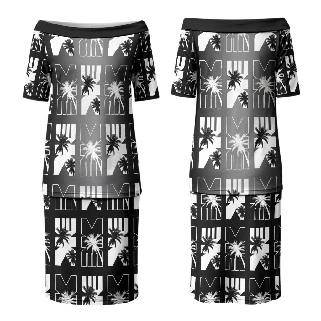 Bula Fiji Couples Matching Puletasi and Long Sleeve Button Shirt Black Makare Masi Tapa Pattern LT05 - Polynesian Pride