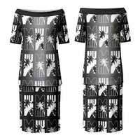 Bula Fiji Couples Matching Puletasi and Long Sleeve Button Shirt Black Makare Masi Tapa Pattern LT05 - Polynesian Pride