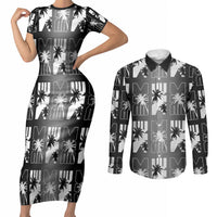Bula Fiji Couples Matching Short Sleeve Bodycon Dress and Long Sleeve Button Shirt Black Makare Masi Tapa Pattern LT05 Black - Polynesian Pride