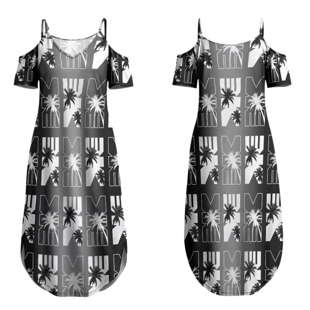 Bula Fiji Couples Matching Summer Maxi Dress and Long Sleeve Button Shirt Black Makare Masi Tapa Pattern LT05 - Polynesian Pride