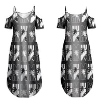 Bula Fiji Couples Matching Summer Maxi Dress and Long Sleeve Button Shirt Black Makare Masi Tapa Pattern LT05 - Polynesian Pride