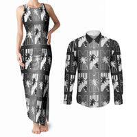 Bula Fiji Couples Matching Tank Maxi Dress and Long Sleeve Button Shirt Black Makare Masi Tapa Pattern LT05 Black - Polynesian Pride