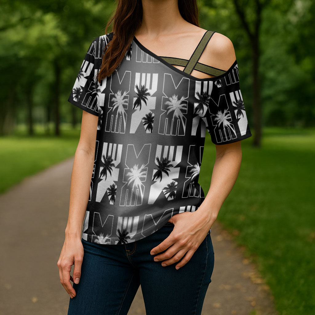 Bula Fiji Cross Shoulder Shirt Black Makare Masi Tapa Pattern LT05 - Polynesian Pride