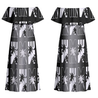 Bula Fiji Family Matching Off Shoulder Maxi Dress and Hawaiian Shirt Black Makare Masi Tapa Pattern LT05 Mom's Dress Black - Polynesian Pride