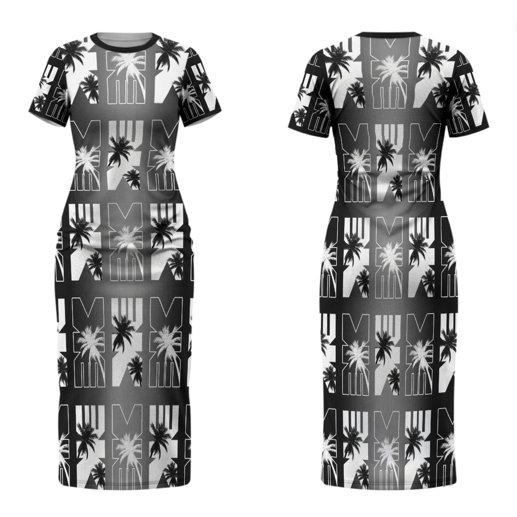 Bula Fiji Family Matching Short Sleeve Bodycon Dress and Hawaiian Shirt Black Makare Masi Tapa Pattern LT05 Mom's Dress Black - Polynesian Pride