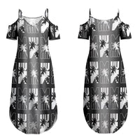 Bula Fiji Family Matching Summer Maxi Dress and Hawaiian Shirt Black Makare Masi Tapa Pattern LT05 Mom's Dress Black - Polynesian Pride