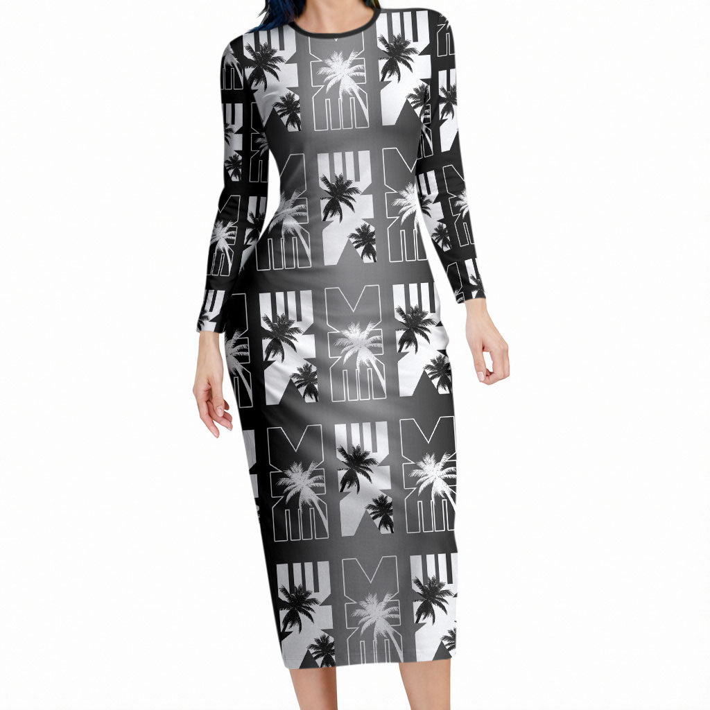 Bula Fiji Long Sleeve Bodycon Dress Black Makare Masi Tapa Pattern LT05 Long Dress Black - Polynesian Pride