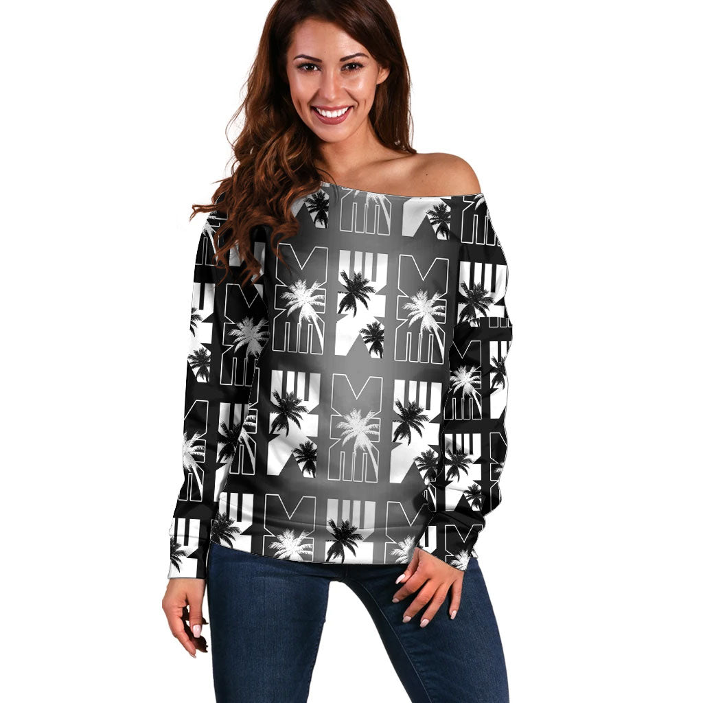 Bula Fiji Off Shoulder Sweater Black Makare Masi Tapa Pattern LT05 Women Black - Polynesian Pride