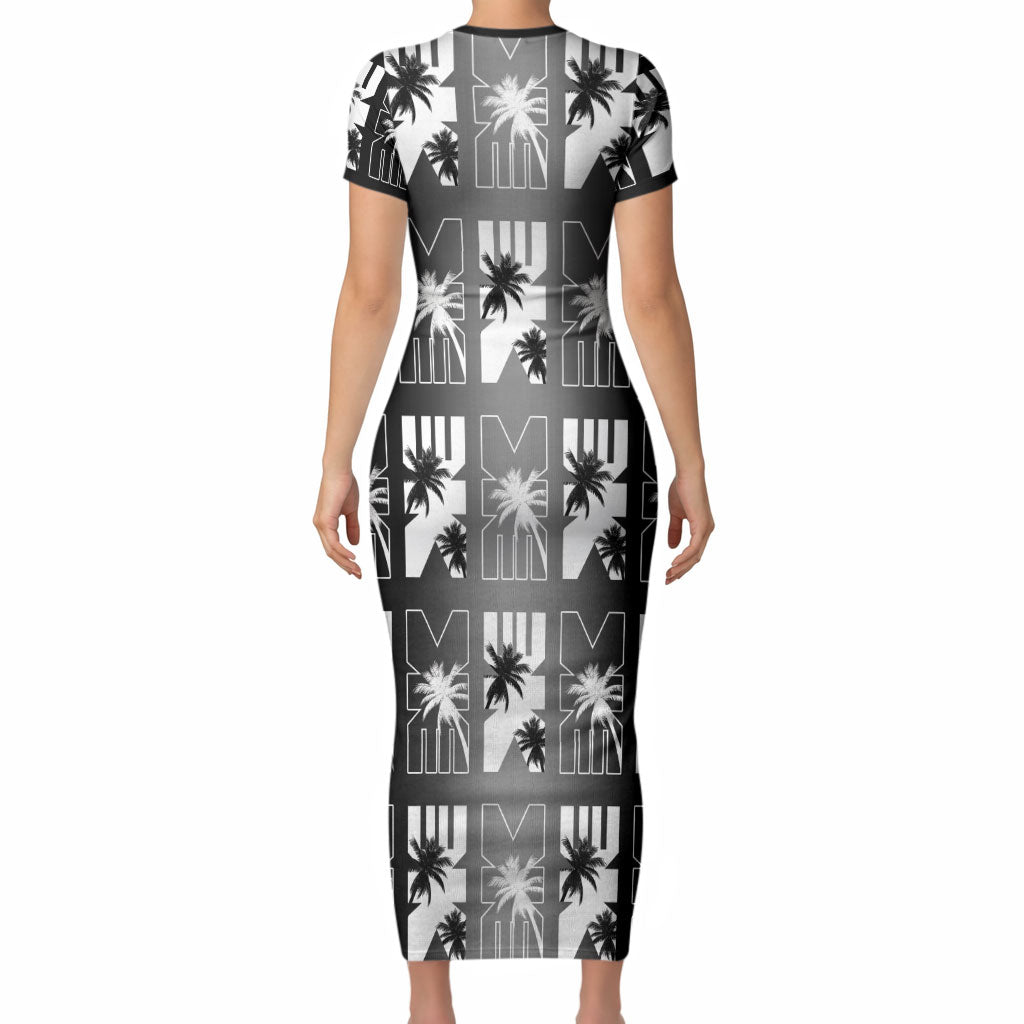 Bula Fiji Short Sleeve Bodycon Dress Black Makare Masi Tapa Pattern LT05 - Polynesian Pride