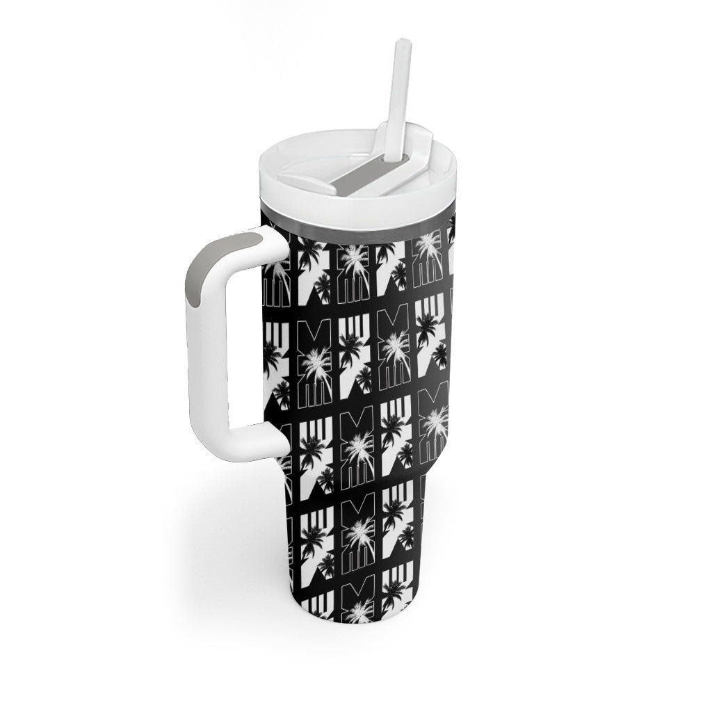 Bula Fiji Tumbler With Handle Black Makare Masi Tapa Pattern LT05 - Polynesian Pride