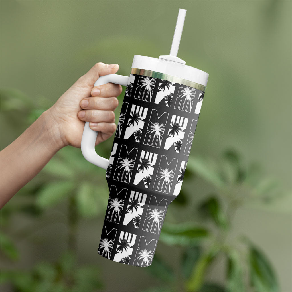 Bula Fiji Tumbler With Handle Black Makare Masi Tapa Pattern LT05 - Polynesian Pride