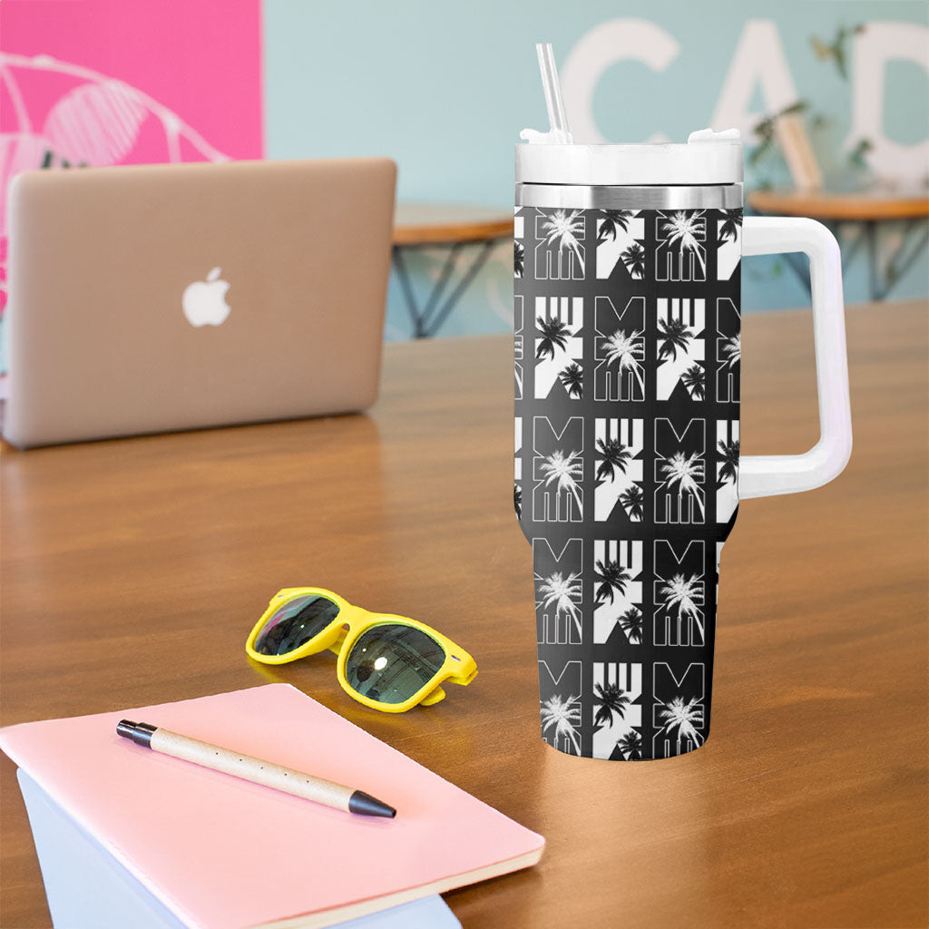 Bula Fiji Tumbler With Handle Black Makare Masi Tapa Pattern LT05 - Polynesian Pride