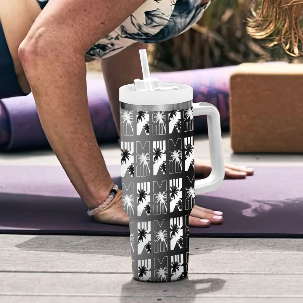Bula Fiji Tumbler With Handle Black Makare Masi Tapa Pattern LT05 - Polynesian Pride