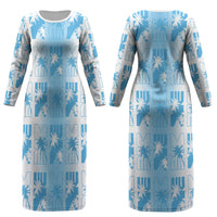 Bula Fiji Couples Matching Long Sleeve Bodycon Dress and Long Sleeve Button Shirt White Makare Masi Tapa Pattern LT05 - Polynesian Pride