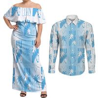 Bula Fiji Couples Matching Off Shoulder Maxi Dress and Long Sleeve Button Shirt White Makare Masi Tapa Pattern LT05 White - Polynesian Pride