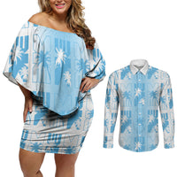 Bula Fiji Couples Matching Off Shoulder Short Dress and Long Sleeve Button Shirt White Makare Masi Tapa Pattern LT05 White - Polynesian Pride