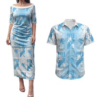 Bula Fiji Couples Matching Puletasi and Hawaiian Shirt White Makare Masi Tapa Pattern LT05 White - Polynesian Pride