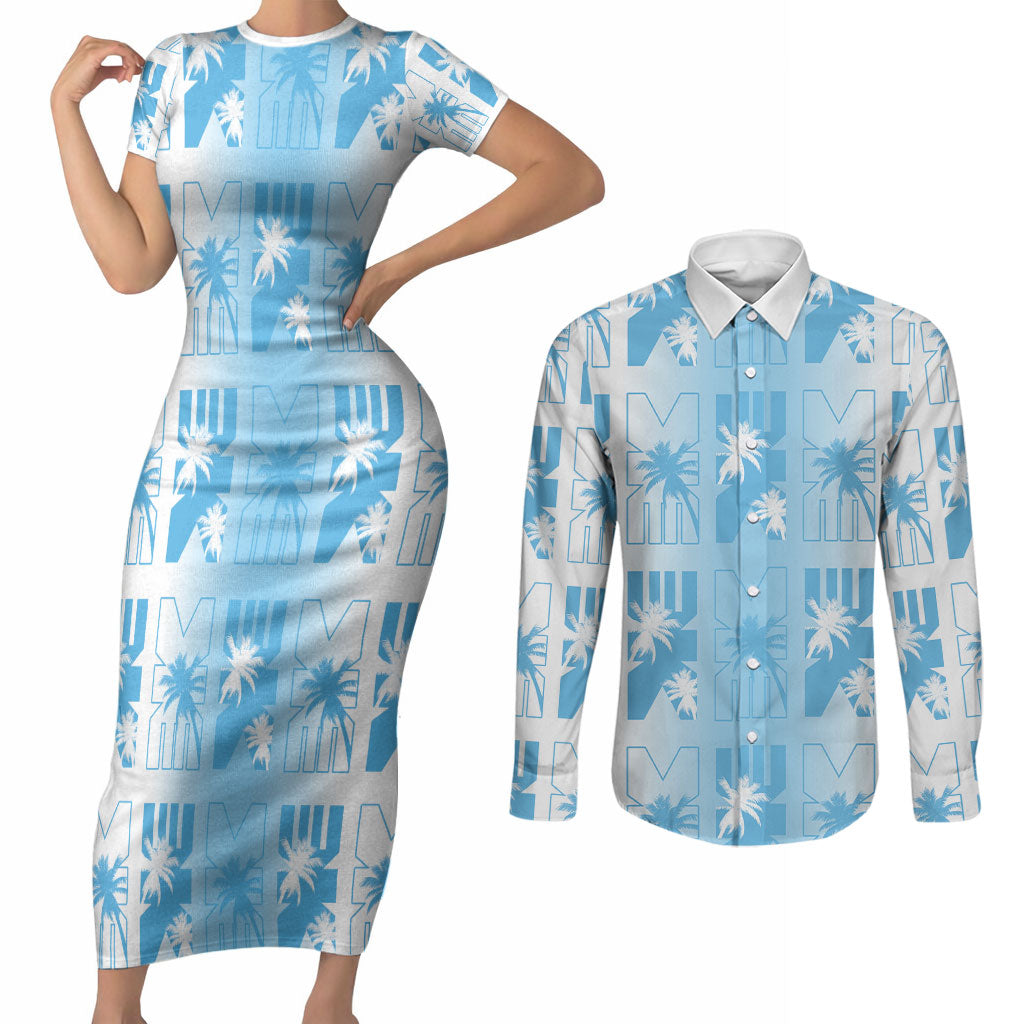 Bula Fiji Couples Matching Short Sleeve Bodycon Dress and Long Sleeve Button Shirt White Makare Masi Tapa Pattern LT05 White - Polynesian Pride