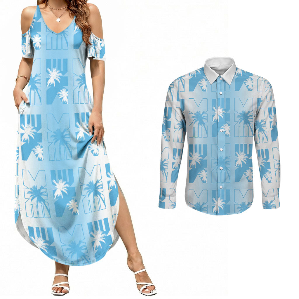 Bula Fiji Couples Matching Summer Maxi Dress and Long Sleeve Button Shirt White Makare Masi Tapa Pattern LT05 White - Polynesian Pride
