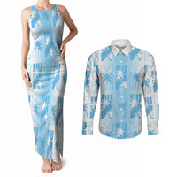 Bula Fiji Couples Matching Tank Maxi Dress and Long Sleeve Button Shirt White Makare Masi Tapa Pattern LT05 White - Polynesian Pride