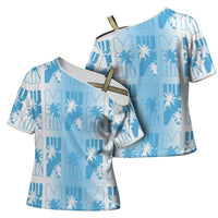 Bula Fiji Cross Shoulder Shirt White Makare Masi Tapa Pattern LT05 - Polynesian Pride