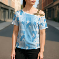 Bula Fiji Cross Shoulder Shirt White Makare Masi Tapa Pattern LT05 - Polynesian Pride