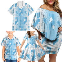 Bula Fiji Family Matching Off Shoulder Short Dress and Hawaiian Shirt White Makare Masi Tapa Pattern LT05 - Polynesian Pride