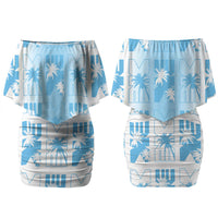 Bula Fiji Family Matching Off Shoulder Short Dress and Hawaiian Shirt White Makare Masi Tapa Pattern LT05 Mom's Dress White - Polynesian Pride
