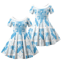 Bula Fiji Family Matching Off Shoulder Short Dress and Hawaiian Shirt White Makare Masi Tapa Pattern LT05 Daughter's Dress White - Polynesian Pride