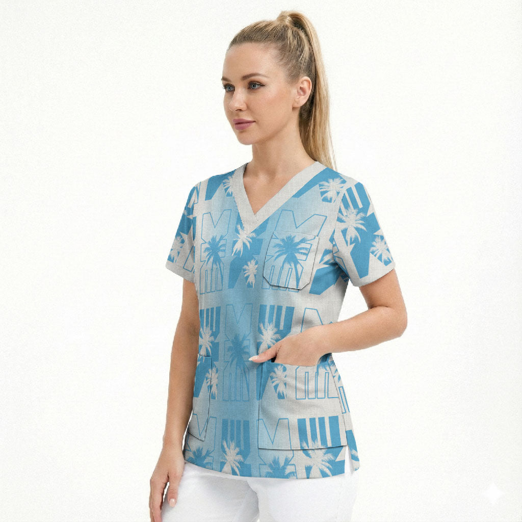 Bula Fiji Scrub Top White Makare Masi Tapa Pattern LT05 - Polynesian Pride
