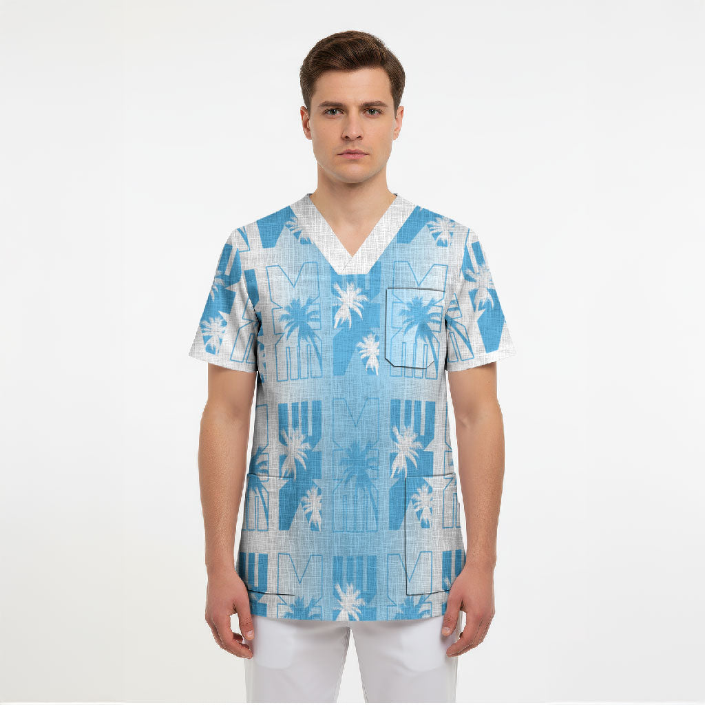 Bula Fiji Scrub Top White Makare Masi Tapa Pattern LT05 - Polynesian Pride